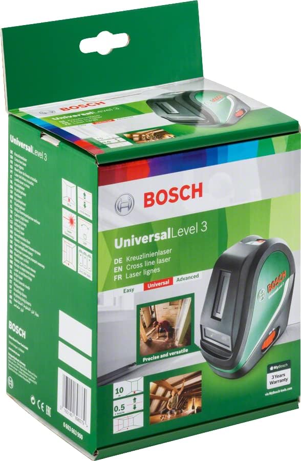 Bosch Kreuzlinienlaser UniversalLevel 3 (3 Laserlinien inkl. vertikaler Linie im 90°-Winkel für ein