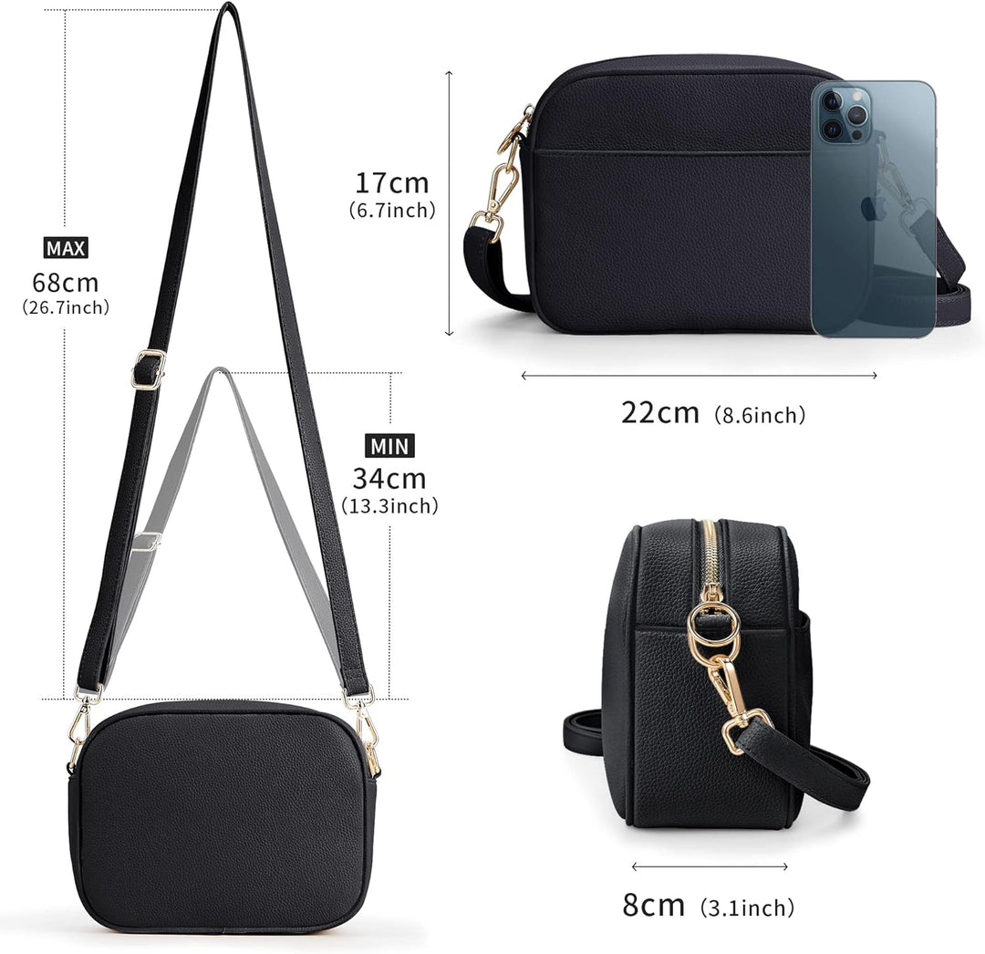 KALIDI Damen Umhängetasche, stylisch Veganem Leder Breiter Gurt Crossbody Schultertasch mit 2 abnehm