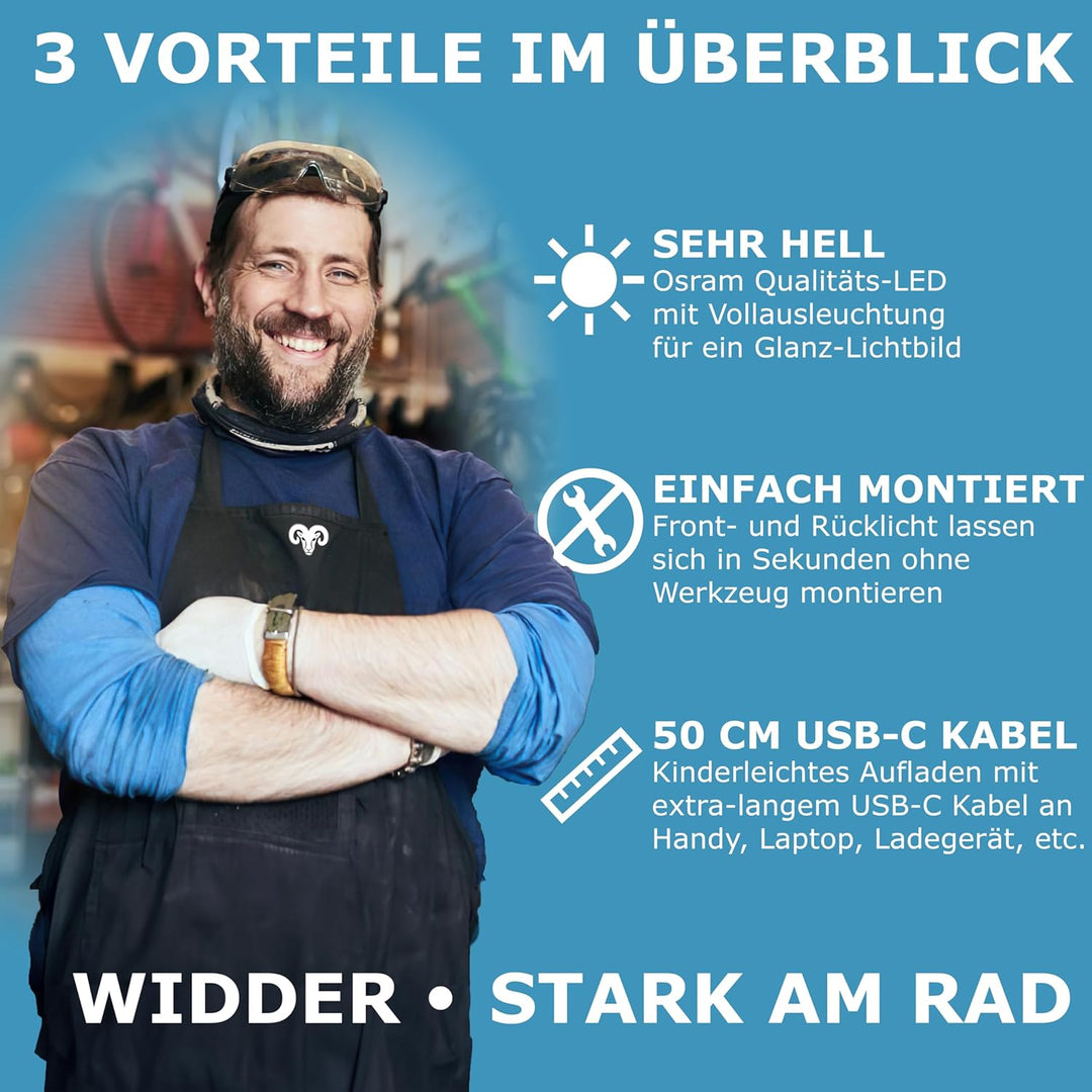 WIDDER Fahrradlicht Vorne & Hinten als Set [Sehr Hell 90 Lum LED] - Fahrrad Licht USB C Aufladbar -