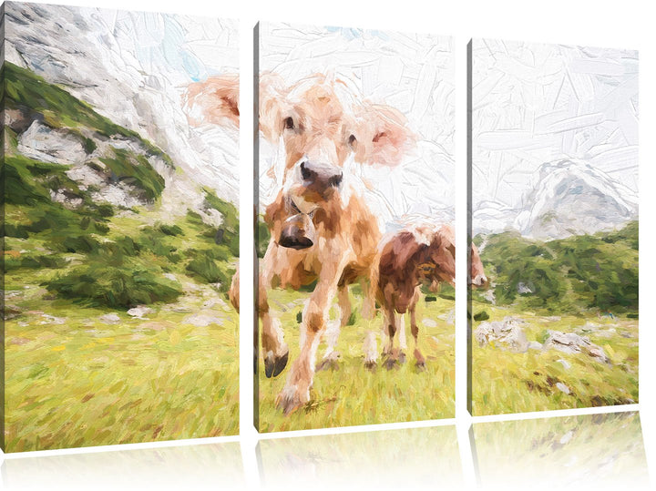 Pixxprint Almkuh auf der Weide Kunst als Leinwandbild | Grösse: 3 Teilig (120x80) | Wandbild| Kunstd