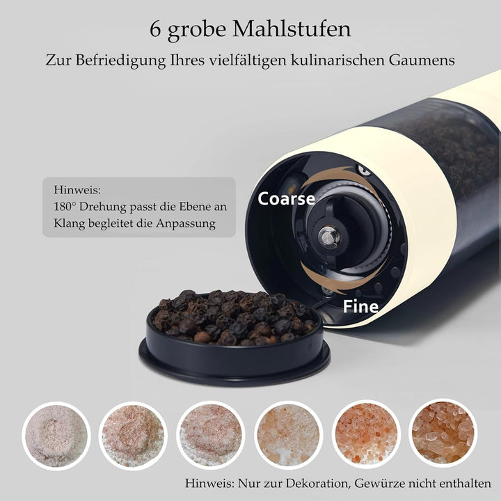 Salz und Pfeffermühle Elektrisch 2er Set, USB Wiederaufladbar, Einstellbarer Grobheit Gewürzmühle, P