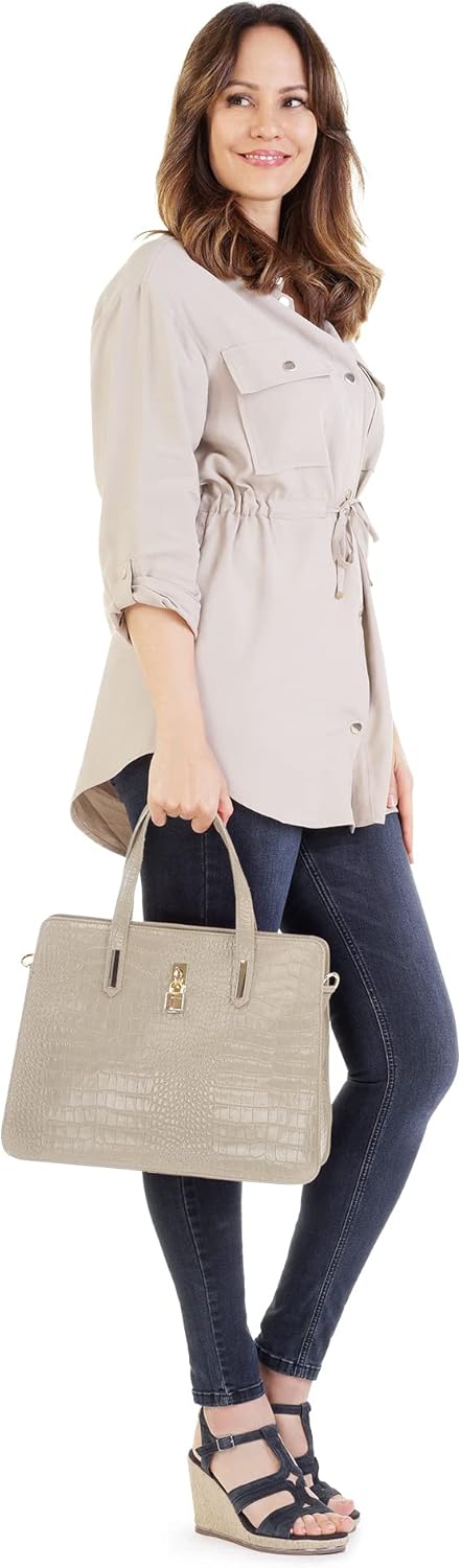 Handtasche Echt Leder Damen | Made in Italy, Smartphonefach, Kroko-Design, elegante Umhängetasche, D