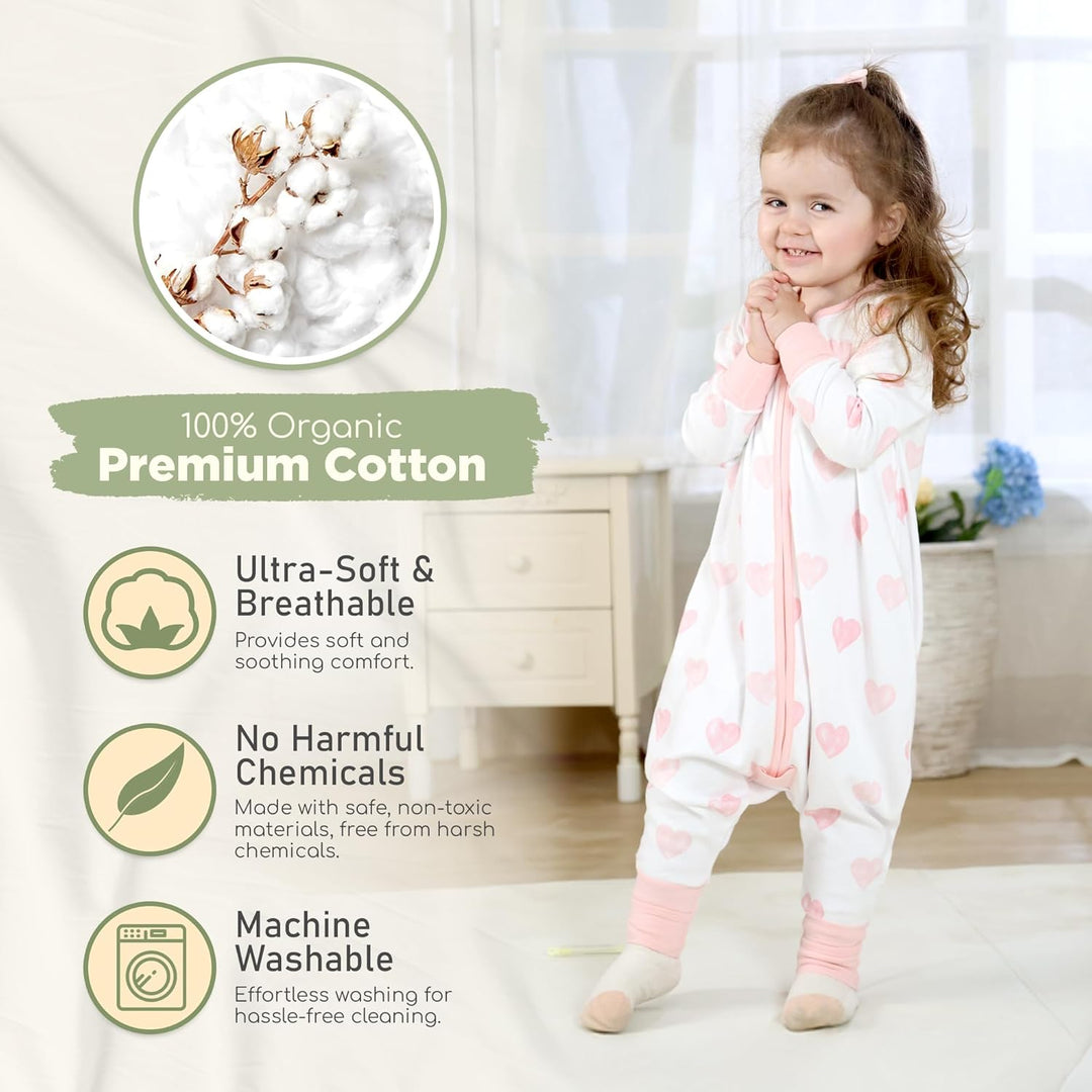 Mama Cheetah Toddler Schlafsack mit Füssen, Long Sleeve 0,5 TOG Bio-Baumwolle Baby Schlafsack mit Be