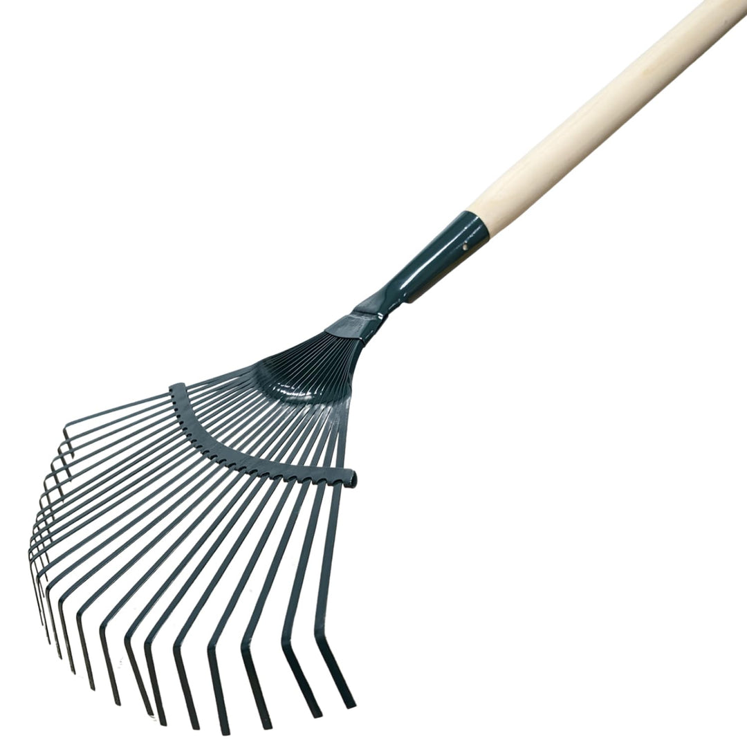 Laubrechen Garten Laub Fächer Rechen Besen Fächerbesen Metall grün lackiert mit 22 Zinken und 24 mm
