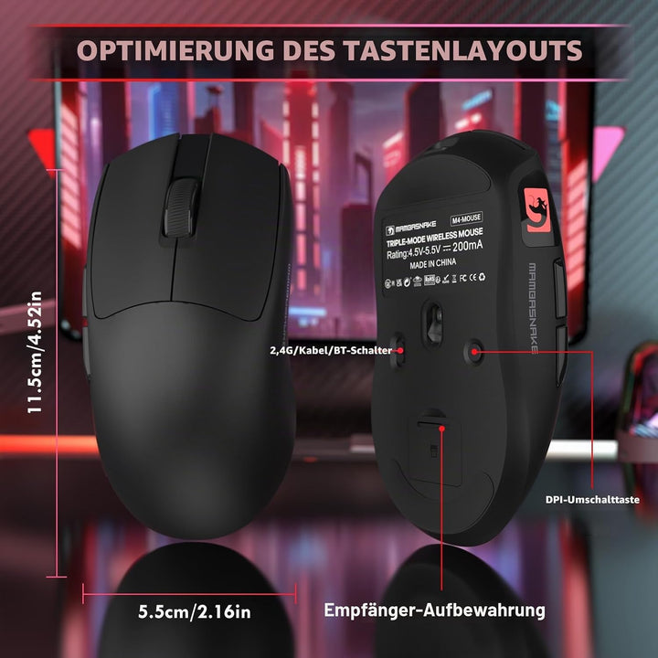 MAMBASNAKE M4 Ultra-Leichte Kabellose Gaming-Maus, 53g, PAW3311 Sensor, 24000 DPI, Tri-Mode Bluetoot