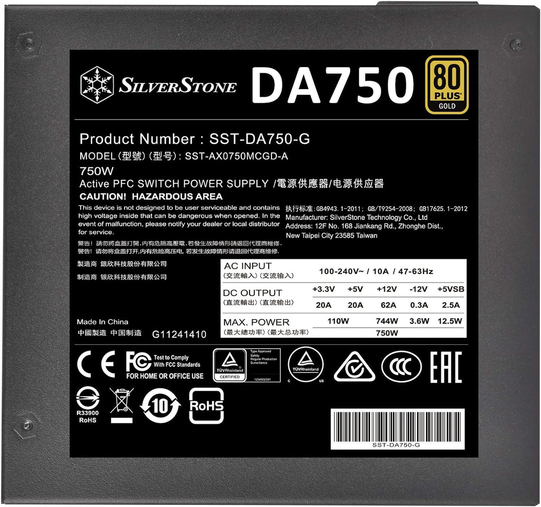 Silverstone DA750 Gold, Vollständig modulares 80-Plus-Gold-ATX-Netzteil mit 750 W, SST-DA750-G