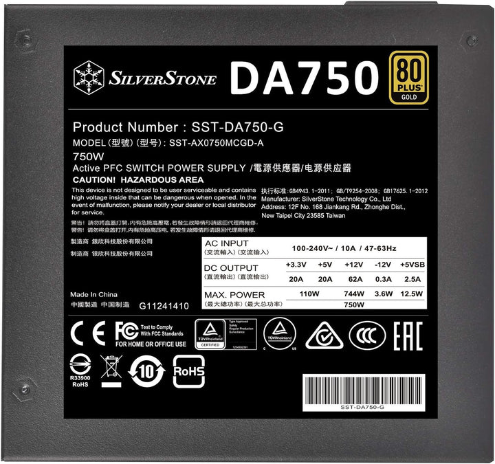 Silverstone DA750 Gold, Vollständig modulares 80-Plus-Gold-ATX-Netzteil mit 750 W, SST-DA750-G