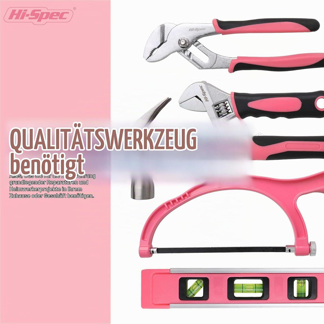 Hi-Spec Retro Pink Rosa Werkzeugkiste mit einer vielzahl von Pinken Werkzeugen die jede Frau braucht