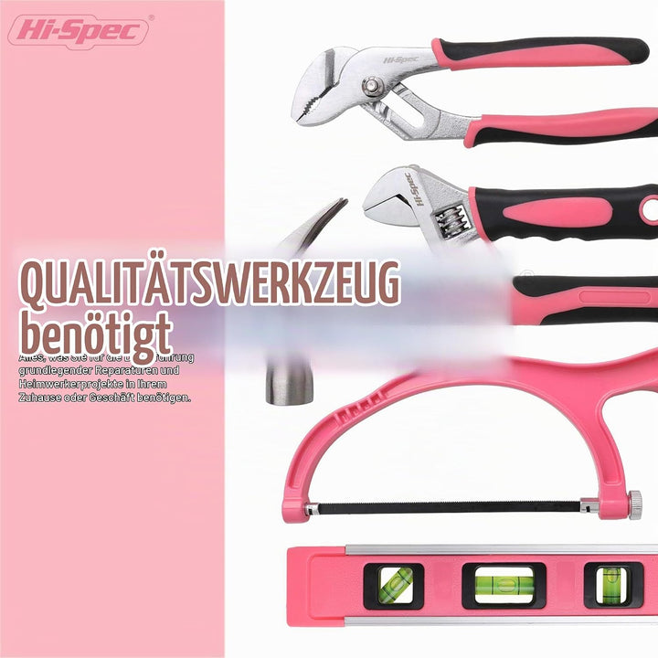 Hi-Spec Retro Pink Rosa Werkzeugkiste mit einer vielzahl von Pinken Werkzeugen die jede Frau braucht