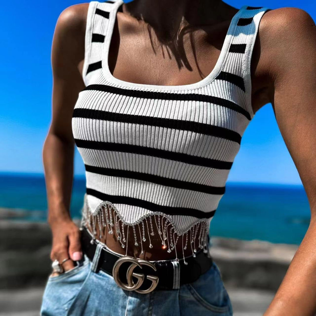 Naimo Damen Crop Top mit Strass Fransen Ärmellos Geripptes Tank Top Sexy Weste Slim Fit Cropped Ober