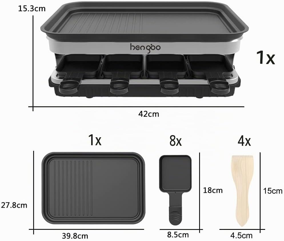Raclette Grill 8 Personen Grillplatte Antihaftbeschichtet, Raclette mit 8 Mini Raclette Pfännchen &