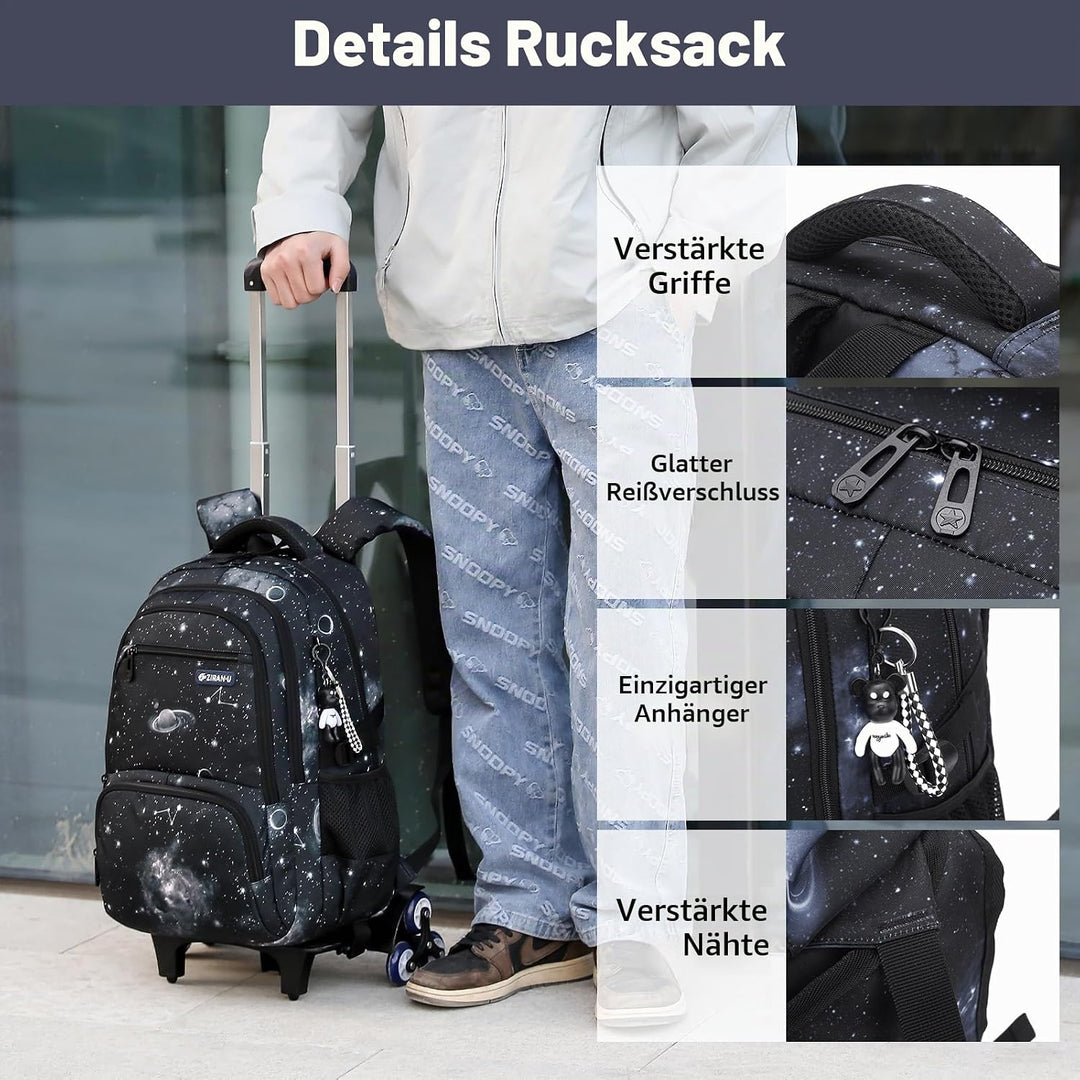 Amythe Schulrucksack Trolley für Jungen Teenager Rucksack mit Rollen 3-teilig mit Lunchtasche Federm