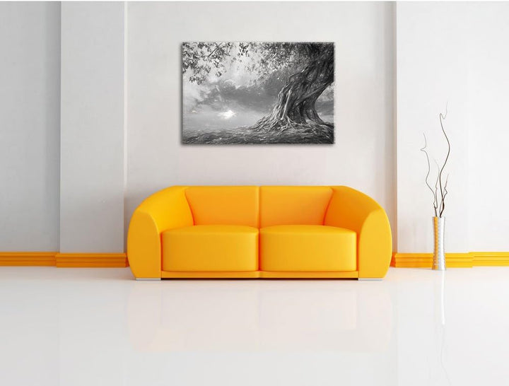 Pixxprint Verwurzelter starker Baum im Sonnenuntergang Kunst Kohle Effekt, Format: 100x70 auf Leinwa