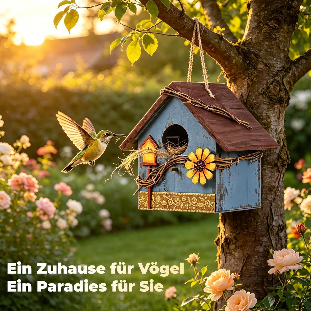JUJOYBD Deko Vogelhaus zum Aufhängen, Wetterfest Nistkasten für Meisen, Vogelhäuschen fertig montier