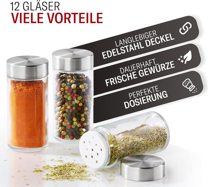 Vomeno® 12er Set Gewürzgläser mit Edelstahl Aroma-Deckel – Hochwertige Gewürzdosen für Gewürze & Krä