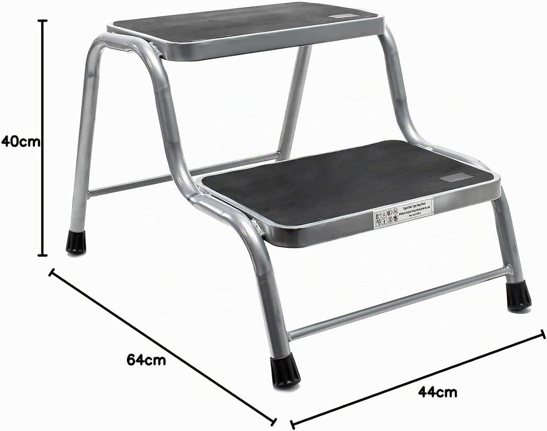 Wiltec Doppeltrittstufe aus Stahl bis 150 kg, 2 Stufen Tritt mit Rutschfester Trittfläche, Trittleit