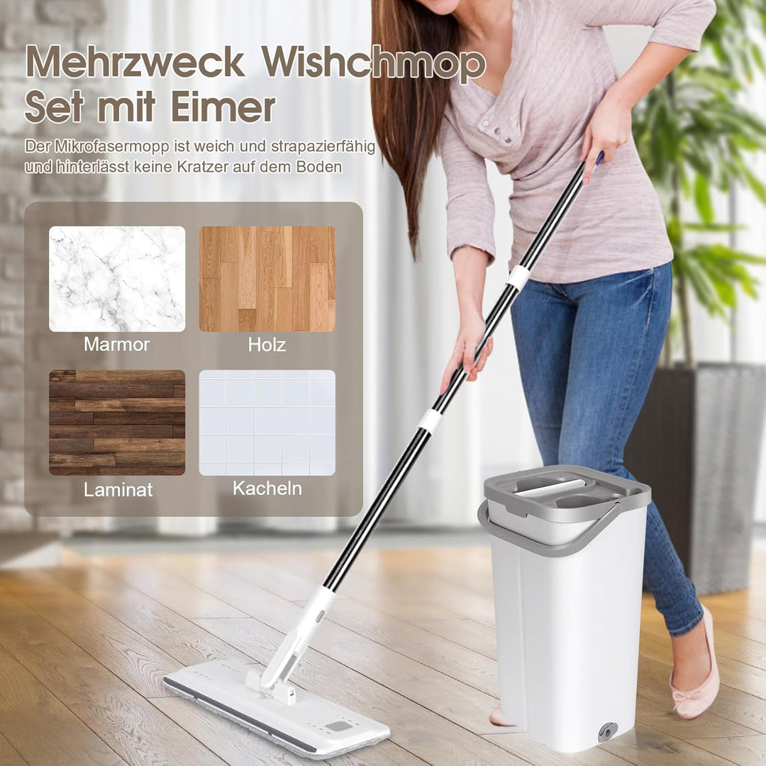 MASTERTOP Flachmopp und Eimer Set, Mikrofaser Bodenwischer mit 10 wiederverwendbaren Wischmopp-Pads