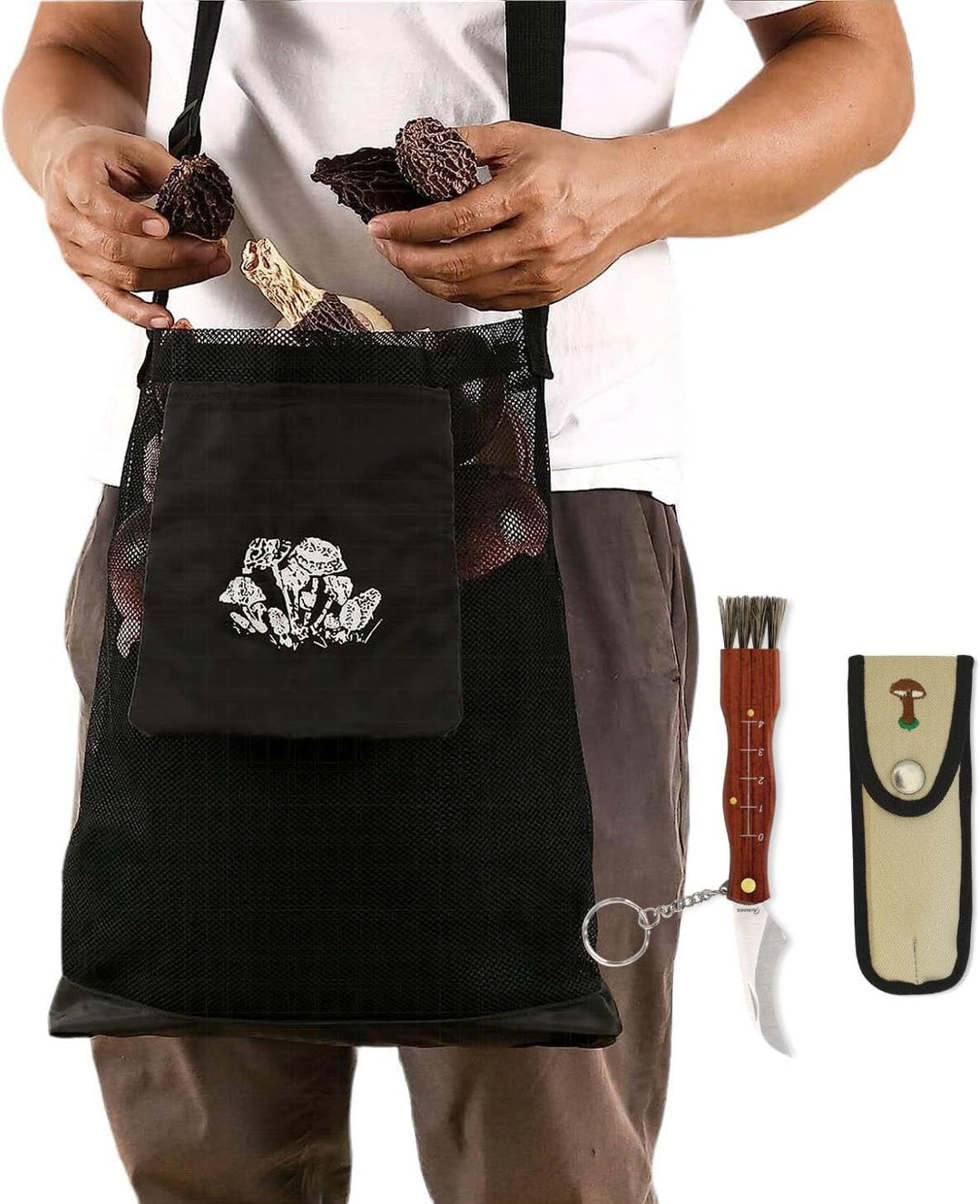 Pilz- und Fruchtsammeltasche mit Messer – Tasche mit Sporenfreisetzendem Netz, Grösse 42 x 36 cm, Fa