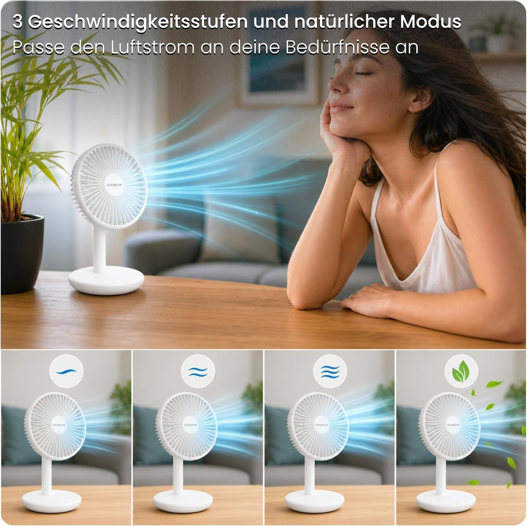 Tischventilator sehr leise - 7-Flügel USB Ventilator Akku 2000 mAh, Ø 14cm, 4 Modi, Naturwind, Bürst