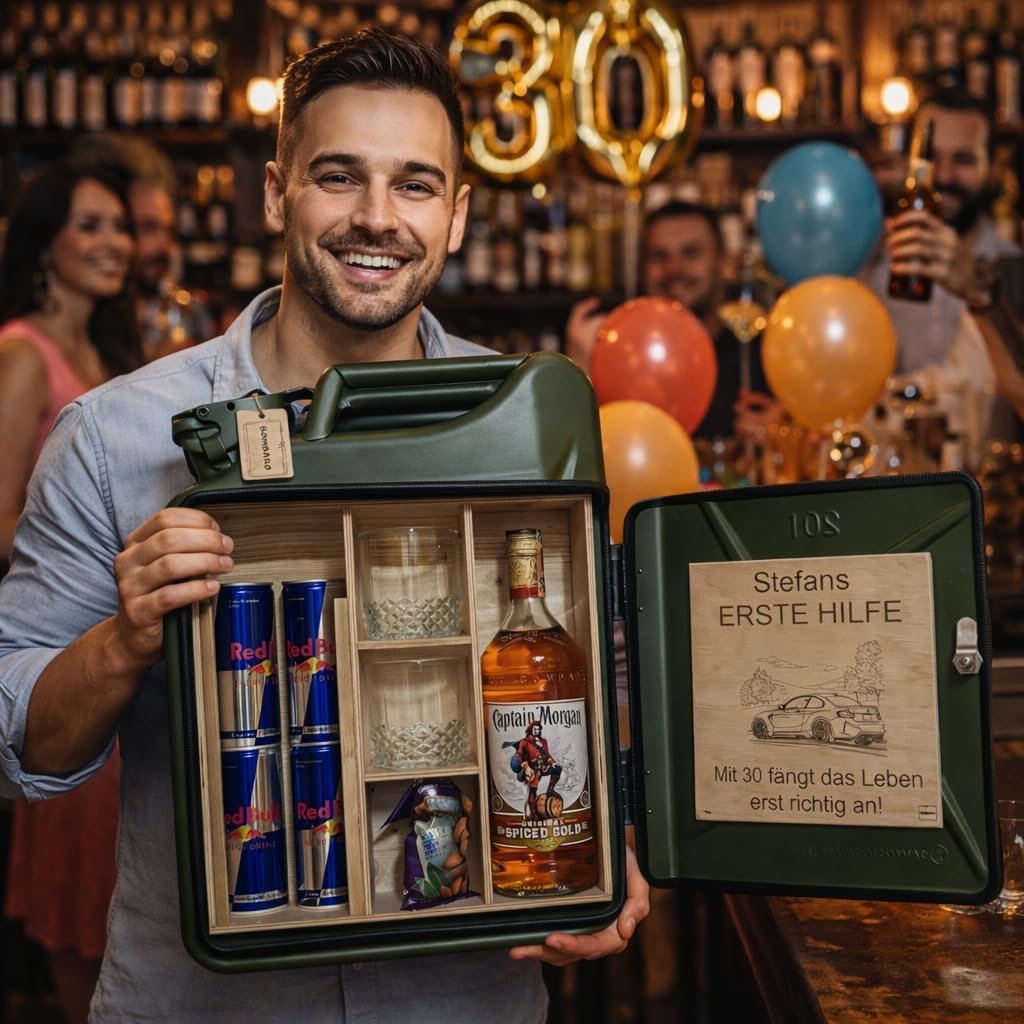 20L Kanister Mini Bar Premium I Maximal personalisierbar mit Gravur & LED Beleuchtung I 2 Whiskygläs