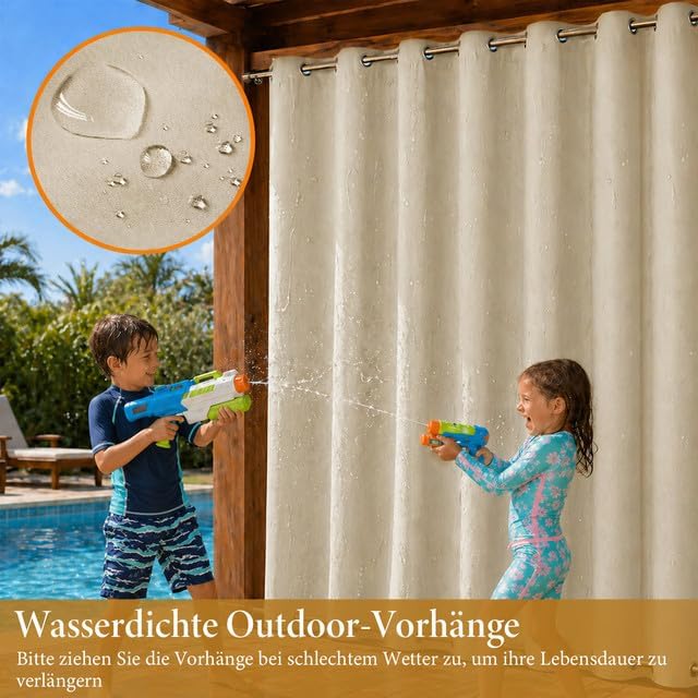 Rosnek Outdoor Vorhang Wetterfest Winddicht, Extra Breit Blickdicht Vorhänge mit Ösen Oben & Unten,
