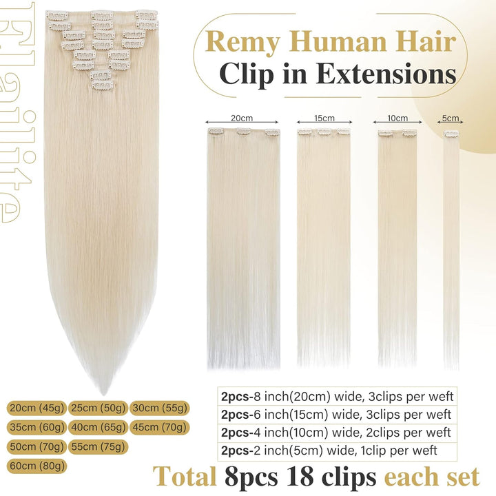 Elailite Clip in Extensions Echthaar, 8 Teile Set 18 Clips Haarverlängerung, Glattes Haarteil Natürl