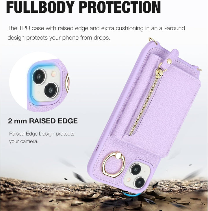 ELTEKER Handyhülle für iPhone 14 Hülle mit Band Kartenfach Ringhalterung Geldbörse,Leder Klapphülle