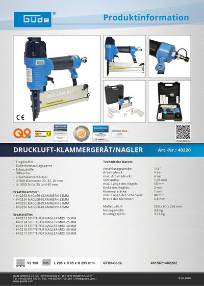 Güde 40220 Druckluftklammergerät Nagler (6 bar max Arbeitsdruck, max 40mm Nagel, 1mm Klammerstärke)