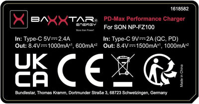 Baxxtar Pro NP-FZ100 Kamera-Akku 2X (2400 mAh - Generation IV) - Laden mit PD Performance (1500 mA)