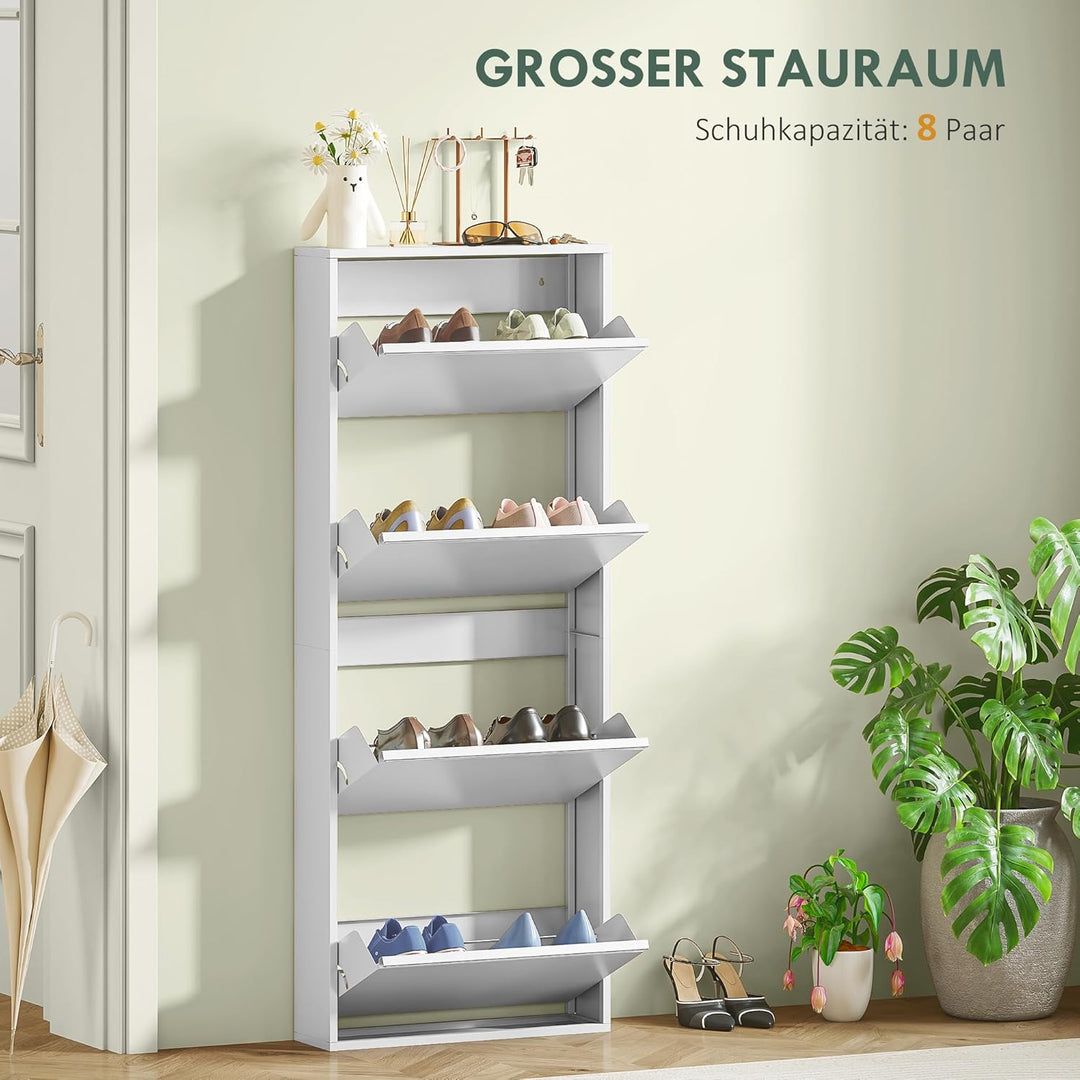HOMCOM Schuhschrank Metall mit 4 Klappen Schuhkipper Schmal Schuhkommode Schuhregal Schuhablage Wand