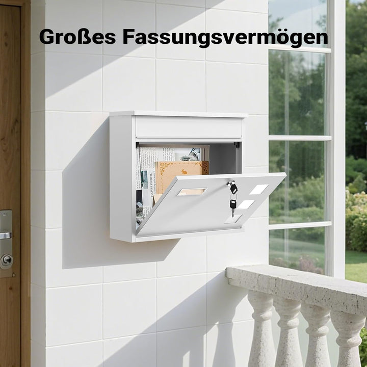 Wiltec Briefkasten V12 weiss 360 x 115 x 320 mm, Wandbriefkasten mit Schloss, Sichtfenstern und Name