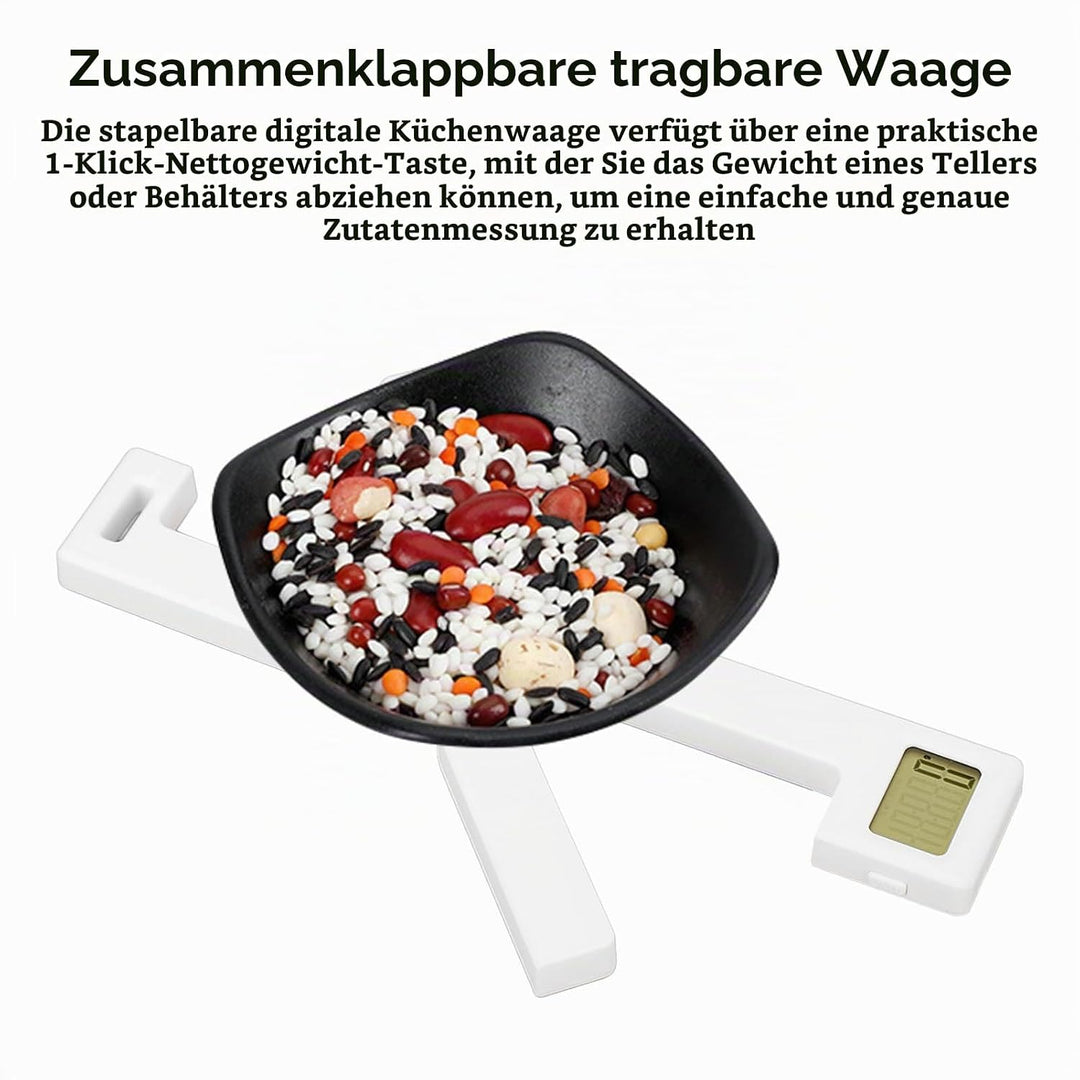 Kompakte Faltbare Küchenwaage, Präzise Faltbare Lebensmittelwaage mit LCD-Display, 1-Klick-Nettogewi