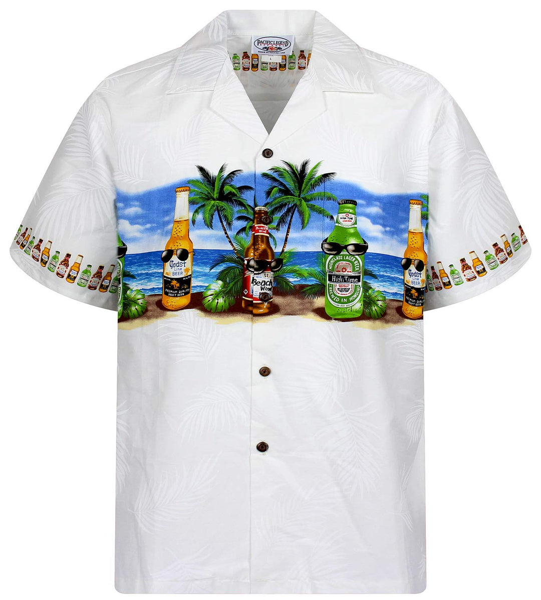 P.L.A. Pacific Legend Original Hawaiihemd, Kurzarm, Bierflaschen Corona Brustdruck, Weiss, XXL
