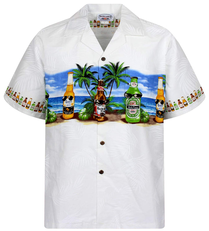 P.L.A. Pacific Legend Original Hawaiihemd, Kurzarm, Bierflaschen Corona Brustdruck, Weiss, XXL