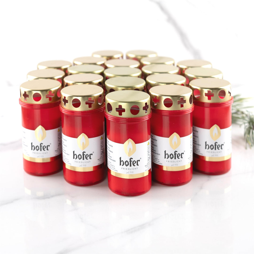 20er Set HOFER GRABKERZEN klein mit Deckel [rot] 46 bis 54 Std. Brenndauer | Trauerkerzen mit Deckel