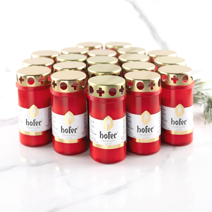 20er Set HOFER GRABKERZEN klein mit Deckel [rot] 46 bis 54 Std. Brenndauer | Trauerkerzen mit Deckel