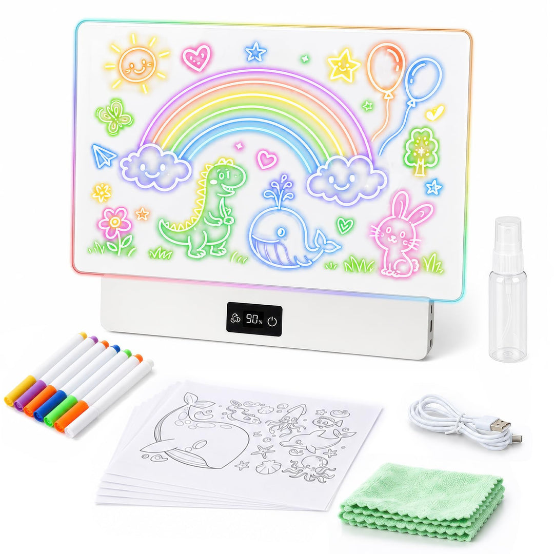 OUTON LED Zeichenbrett Kinder mit 8 Farben & 3 Lichtmodi, Wiederverwendbare Leuchttafel mit 7 Stifte