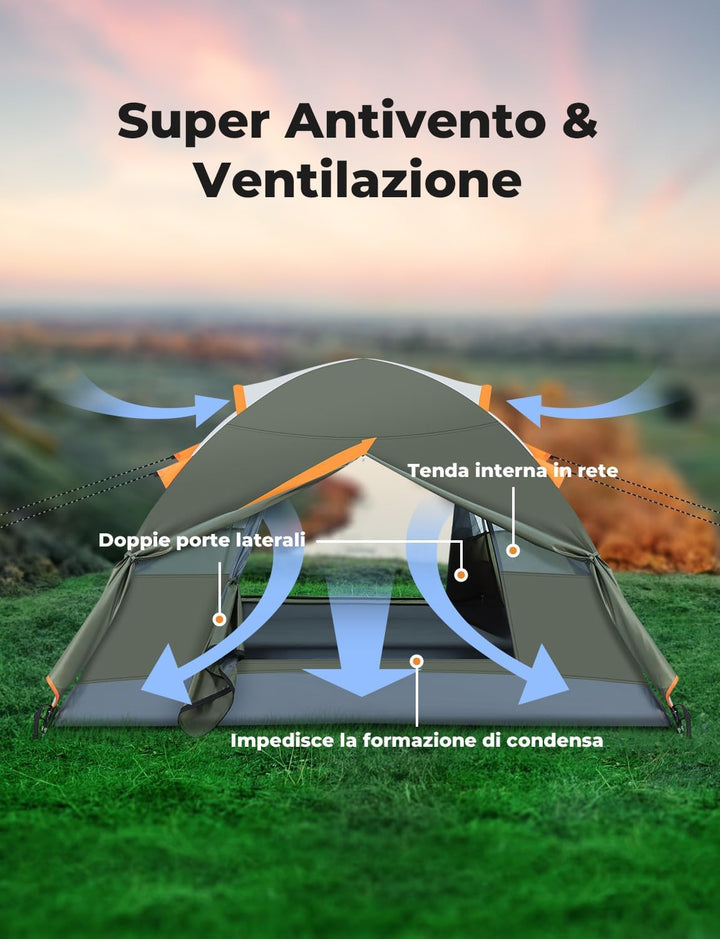 Campingzelt für 2-3 Personen, Doppel-Tür-Zelt, wasserdicht &amp; winddicht, innen und aussen, 2-in-1, ge