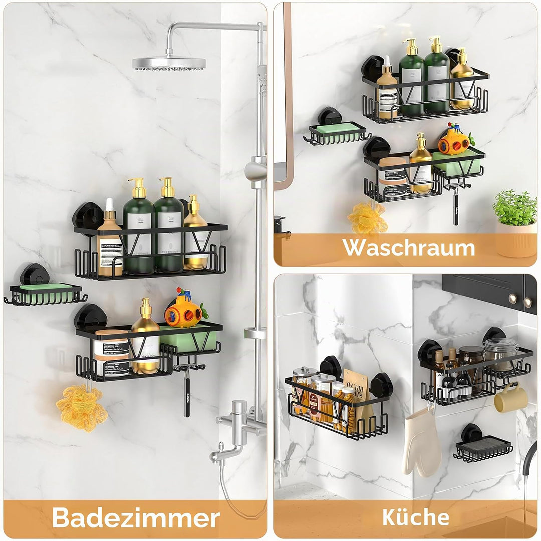 ZUNTO Badezimmer-Saugnapfregal – 3-teilig, Schwarz, Edelstahl, Montage ohne Bohren