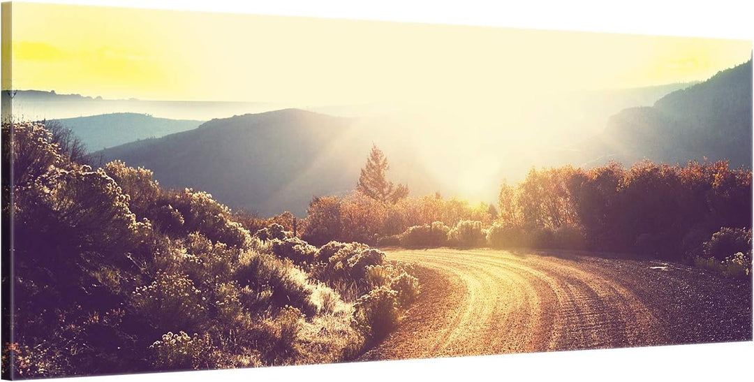 ge Bildet Bild auf Leinwand | Landschaftsbilder - road in forest E in 120x50 cm als Panorama Wandbil
