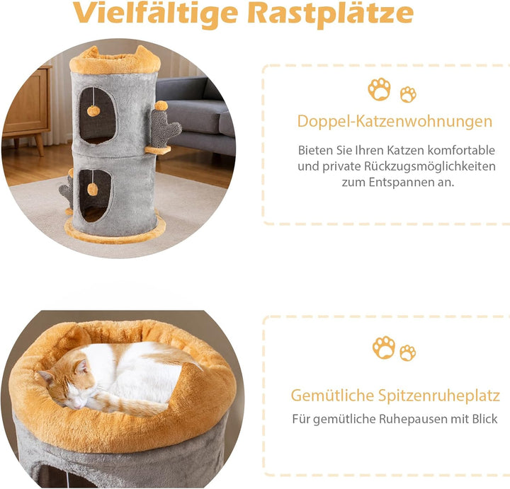 GYMAX Kratztonne Ø 48 cm, Höhe 83 cm, Katzentonne mit 2 Höhle, gepolstertem oberen Sitzbrett & 2 Spi