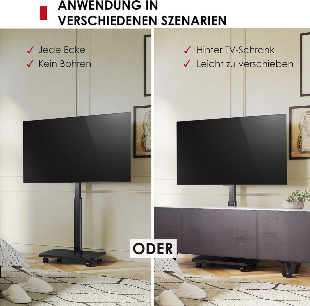 AOKCOS TV Ständer Rollbar mit Holzablage, Fernsehständer auf Rollen für 32-65 Zoll Fernseher, TV Bod