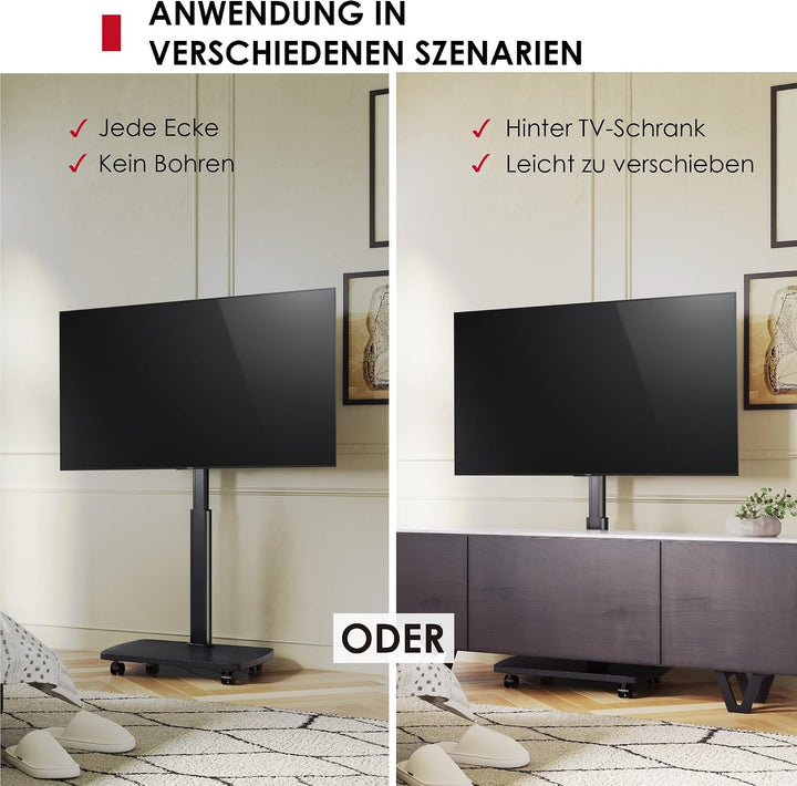 AOKCOS TV Ständer Rollbar mit Holzablage, Fernsehständer auf Rollen für 32-65 Zoll Fernseher, TV Bod