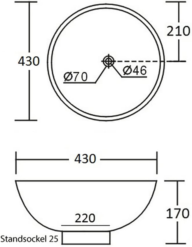 NEG Waschbecken Uno20A (rund) Aufsatz-Waschschale/Waschtisch (weiss) mit hohem Rand und Nano-Beschic