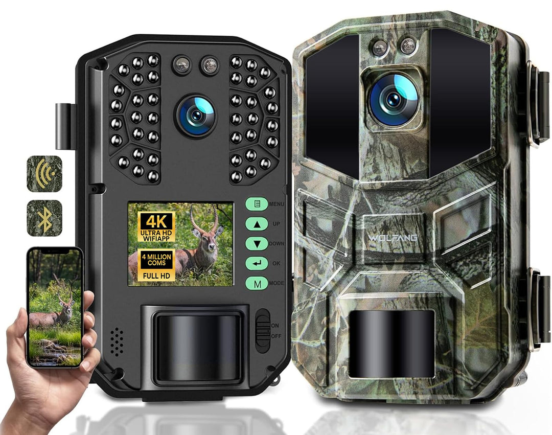 WOLFANG Wildkamera 4K HD, 64MP Full HD WLAN Wildtierkamera mit App, Jagdkamera mit Nachtsicht, Beweg