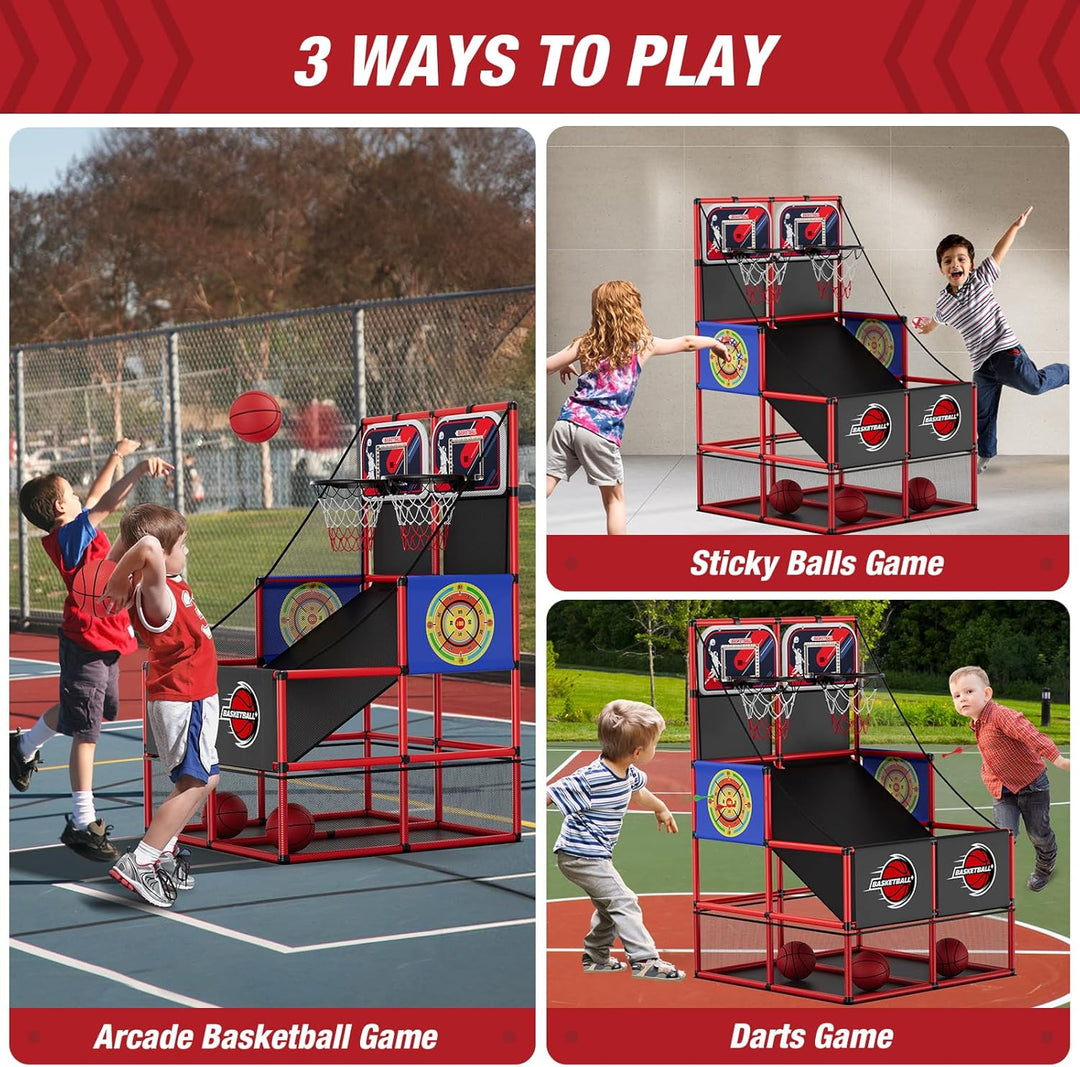 HYES 3 in 1 Dual Shot Basketball Arcade Spiel mit 2 Dart Boards/Elektronische Anzeigetafel/LED Licht