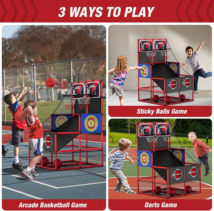 HYES 3 in 1 Dual Shot Basketball Arcade Spiel mit 2 Dart Boards/Elektronische Anzeigetafel/LED Licht