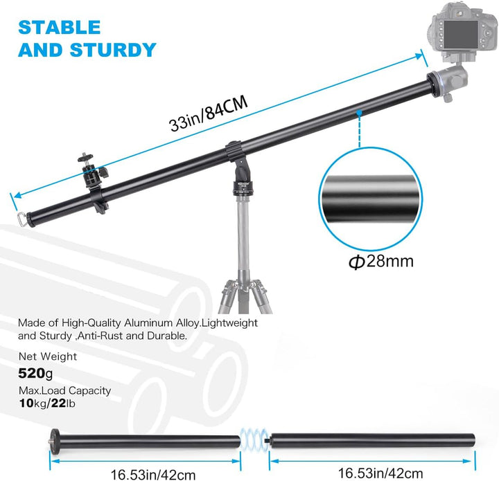 Koolehaoda 83,8 cm Stativ-Verlängerungsarm, Aluminium, 2 Abschnitte, 360° drehbar, Belastung bis zu