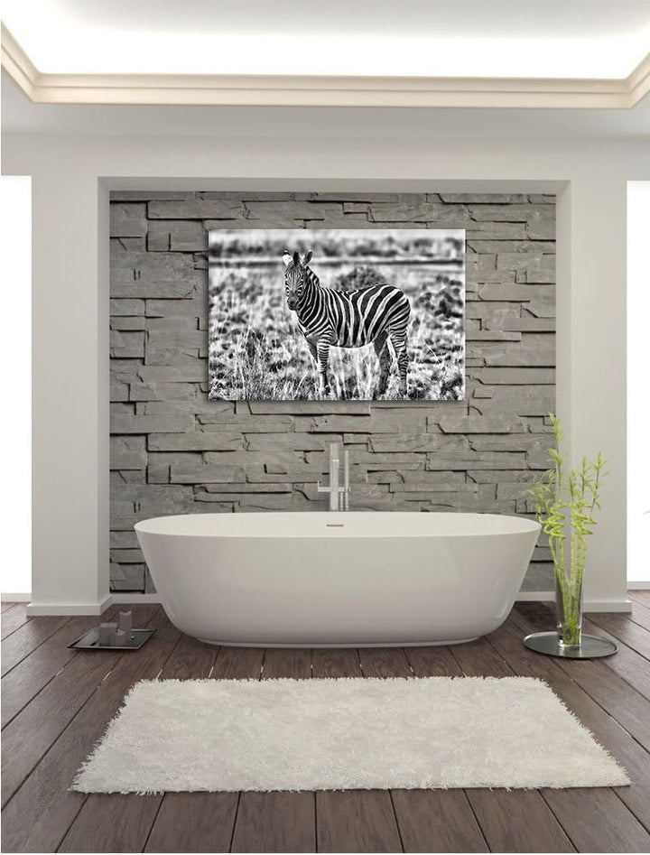 Pixxprint Zebra im Wildgras / 100x70cm Leinwandbild bespannt auf Holzrahmen/Wandbild Kunstdruck Deko