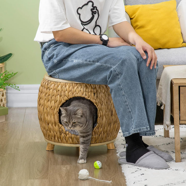 PawHut Rattan Katzenhöhle Katzenbett mit Kissen Katzenhaus Katzenzelt Haustierhaus Hellbraun+Grau 44